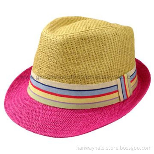 Women's Fashionable Paper Straw Fedora Hat with Striped Band